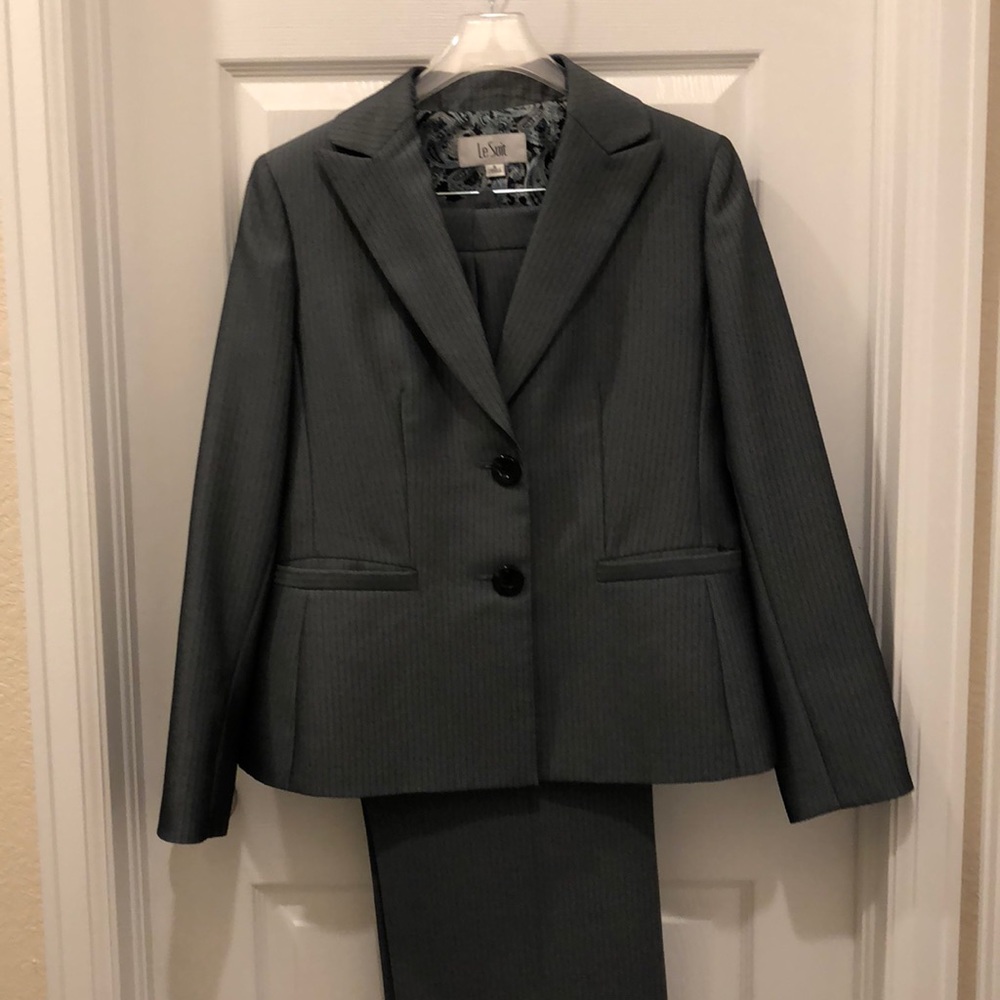 Grey pinstripe pants suit